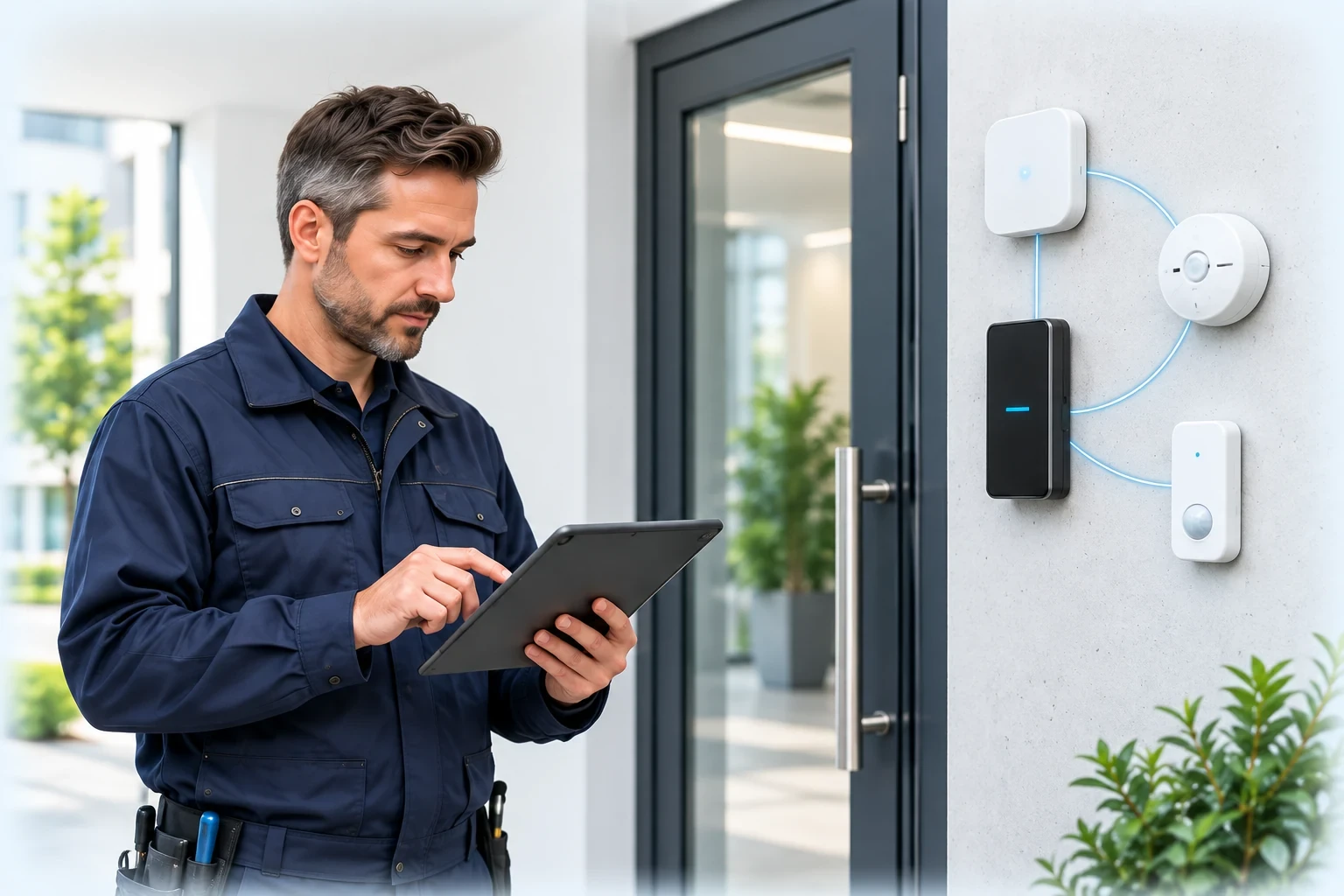 AI infrastructure operator with tablet configuring smart building devices