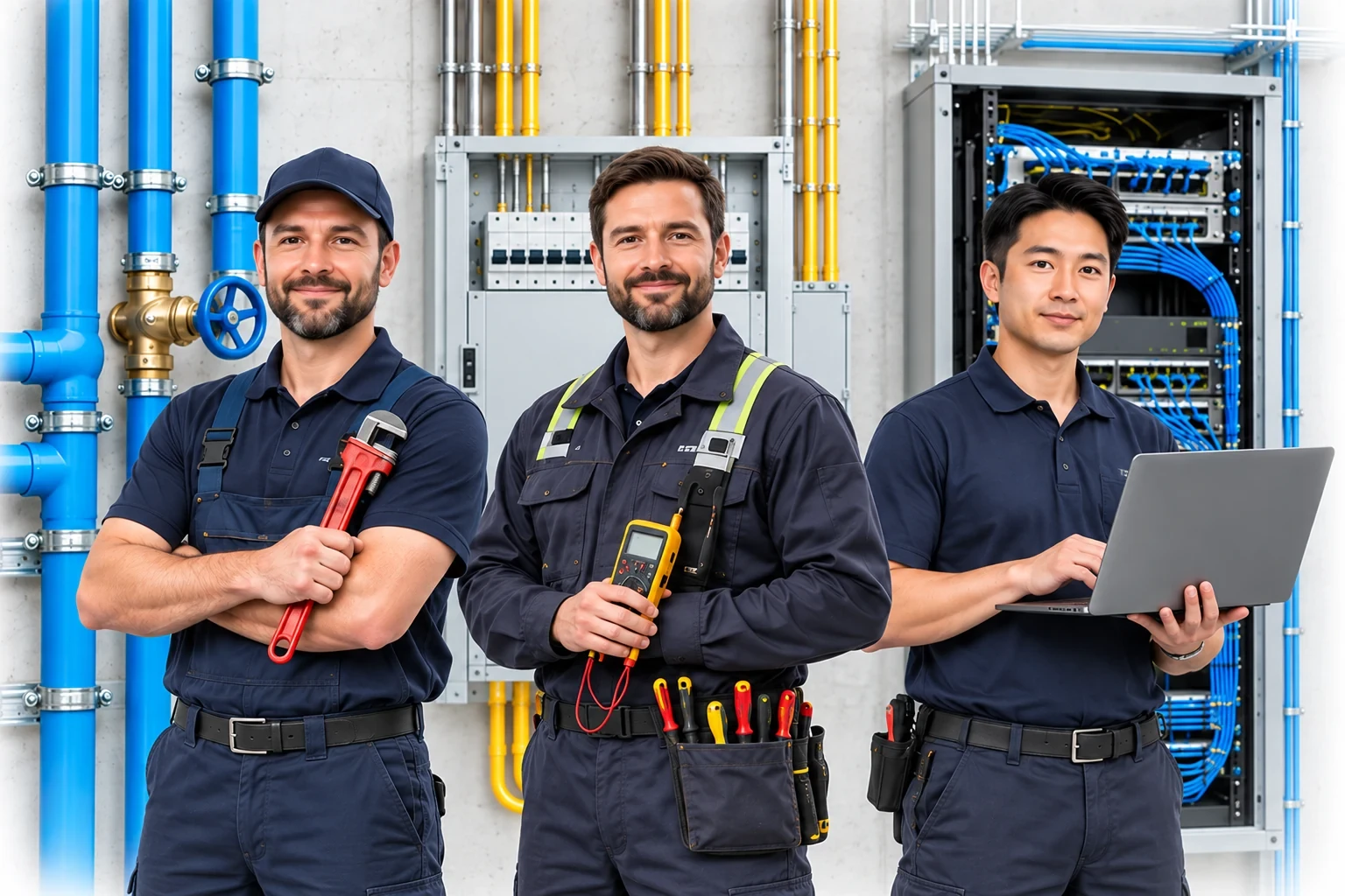 Plumber, electrician and network technician standing in front of water, electrical and network infrastructure