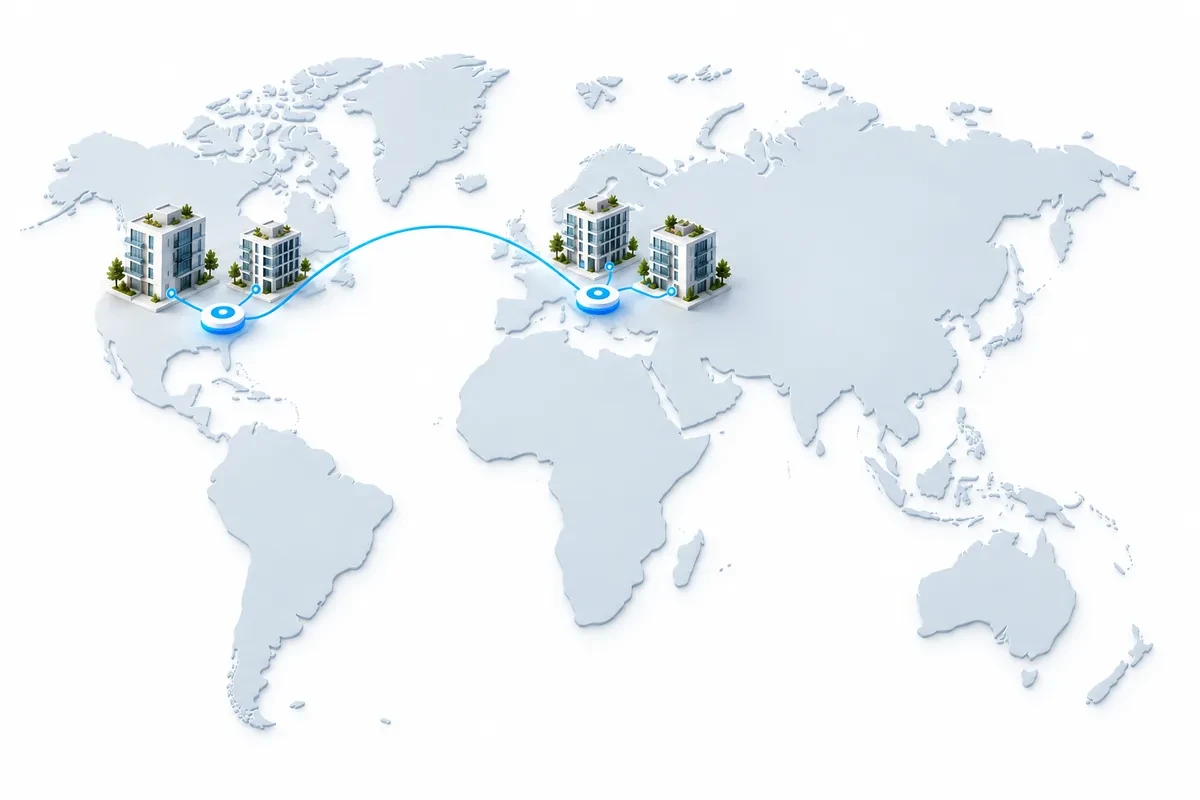 Conceptual illustration of an international building-services network linking buildings in North America and Europe.